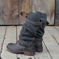New Trendy Belt Buckle Cloth Leather Retro Boots Grey