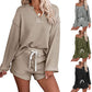 New V neck Off the shoulder Long sleeved Knitted Pullover Drawstring Shorts Fashion Casual Two piece Pants Suit