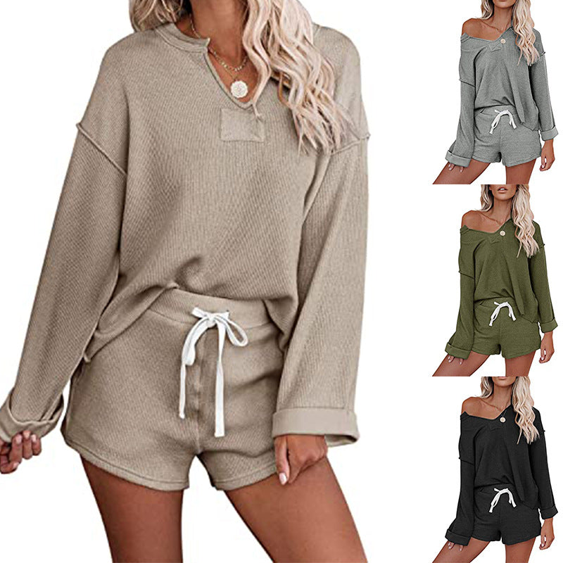 New V neck Off the shoulder Long sleeved Knitted Pullover Drawstring Shorts Fashion Casual Two piece Pants Suit Military green Xl