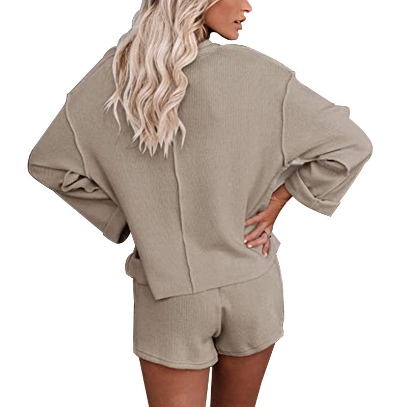 New V neck Off the shoulder Long sleeved Knitted Pullover Drawstring Shorts Fashion Casual Two piece Pants Suit Military green S