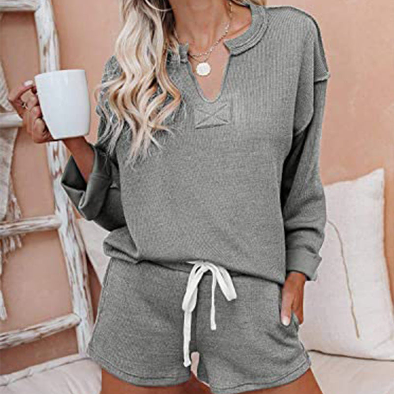 New V neck Off the shoulder Long sleeved Knitted Pullover Drawstring Shorts Fashion Casual Two piece Pants Suit Military green L