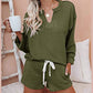 New V neck Off the shoulder Long sleeved Knitted Pullover Drawstring Shorts Fashion Casual Two piece Pants Suit Military green M
