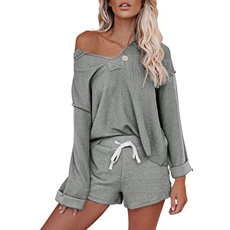 New V neck Off the shoulder Long sleeved Knitted Pullover Drawstring Shorts Fashion Casual Two piece Pants Suit