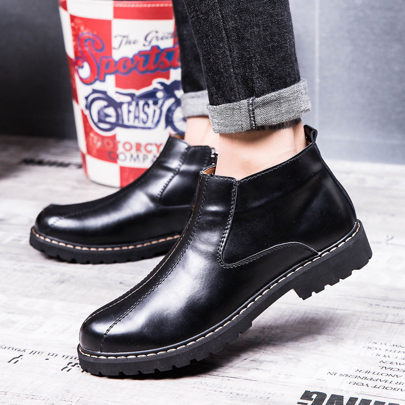 New Winter Boots Leather Martin retro round boots fashion leather shoes boots youth Black plus velvet 43