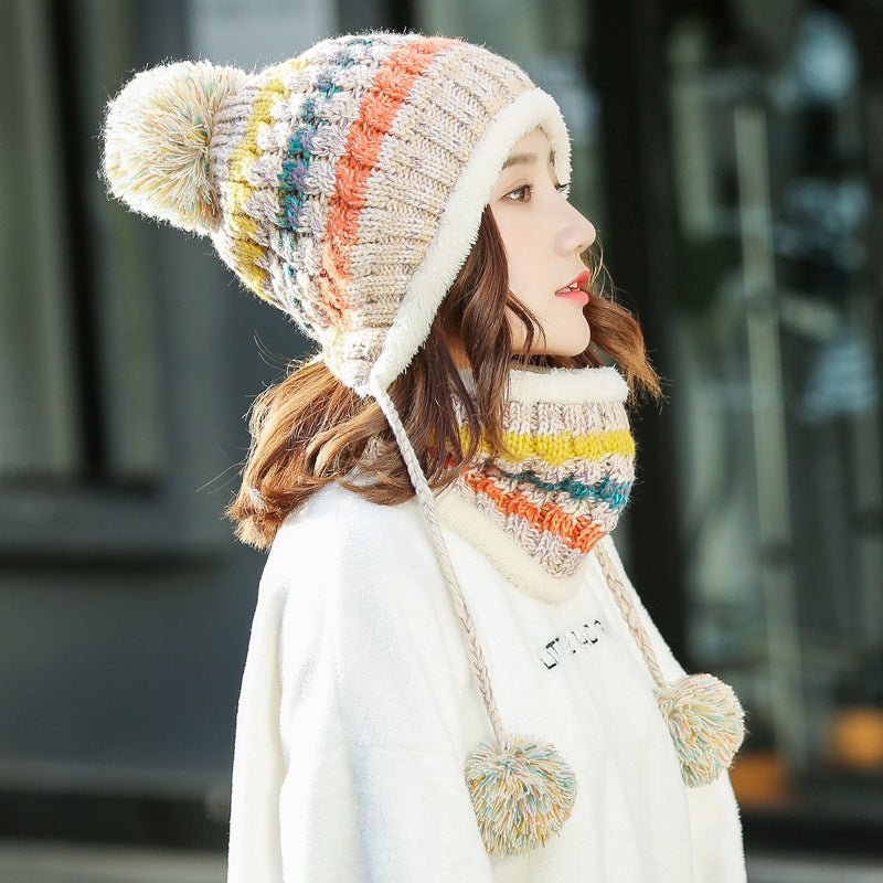 New Winter Hat Scarf Suit Korean Version Warm Contrast Color Knitted Plus Velvet Thickened Wild Ball Cap