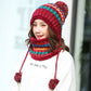 New Winter Hat Scarf Suit Korean Version Warm Contrast Color Knitted Plus Velvet Thickened Wild Ball Cap