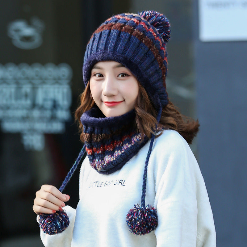 New Winter Hat Scarf Suit Korean Version Warm Contrast Color Knitted Plus Velvet Thickened Wild Ball Cap Colored navy