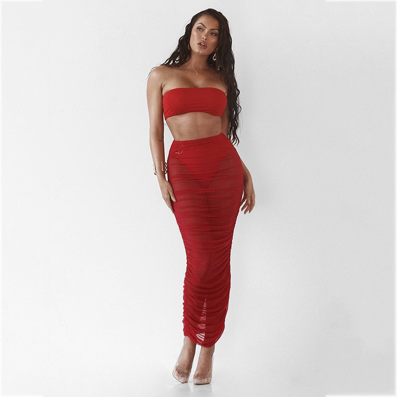 Nyaee Mesh See Through Skirt Red