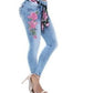 Embroidered Tight Elastic Flowery Jeans Blue 2xl
