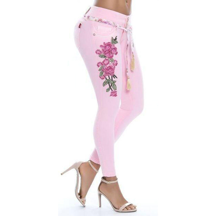 Embroidered Tight Elastic Flowery Jeans Blue Xl