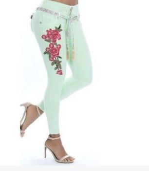 Embroidered Tight Elastic Flowery Jeans Blue 3xl