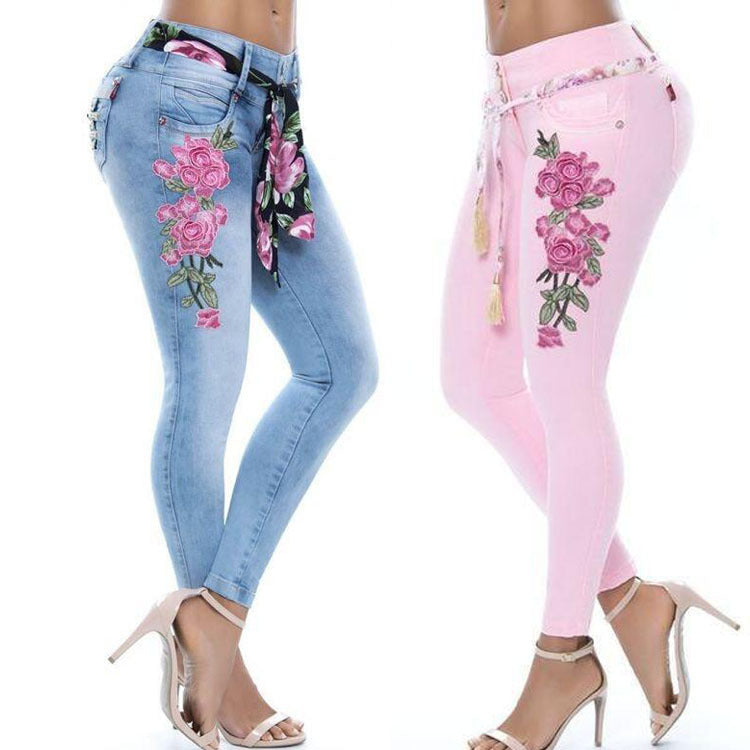 Embroidered Tight Elastic Flowery Jeans