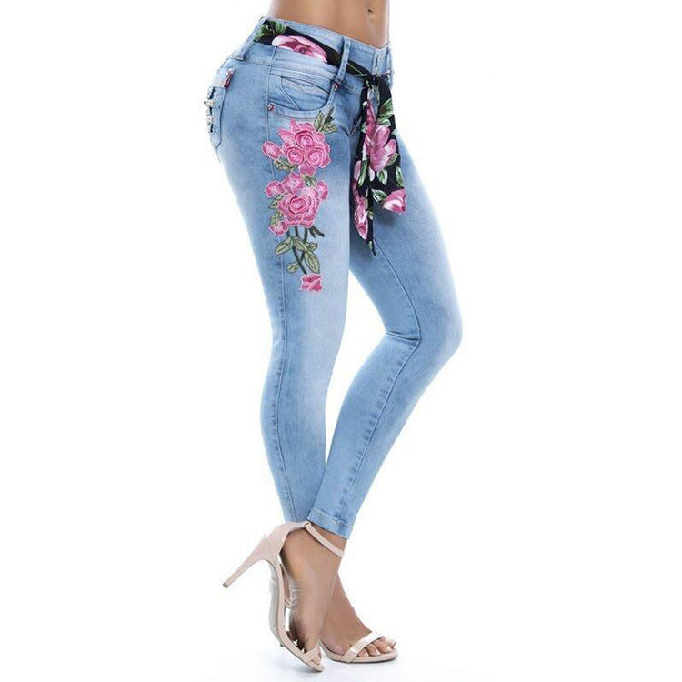 Embroidered Tight Elastic Flowery Jeans Blue M