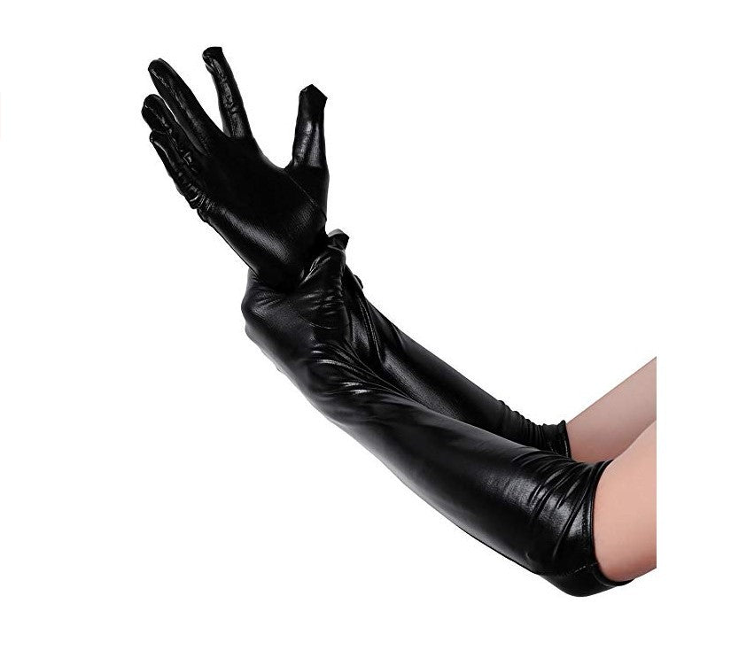 Patent Leather Gloves Cosplay Tight fitting Extended Gloves Bright Leather Coating DS Pole Dance Performance Gloves Black
