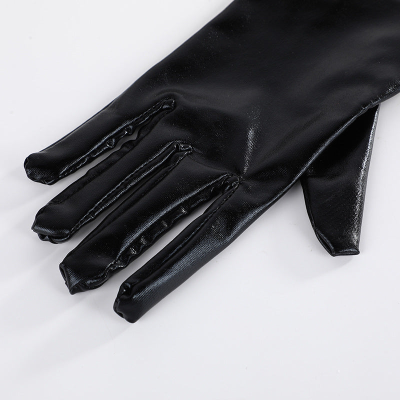 Patent Leather Gloves Cosplay Tight fitting Extended Gloves Bright Leather Coating DS Pole Dance Performance Gloves Silver