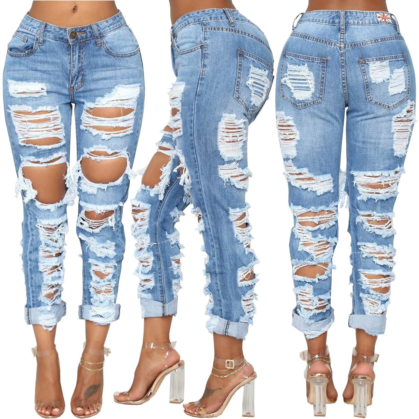 Personalized pierced beggar elastic jeans before and after fashion Blue
