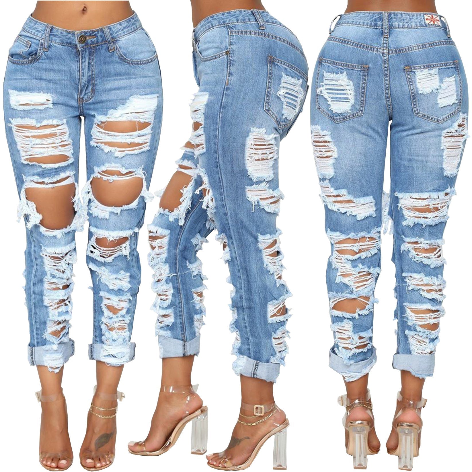 Personalized pierced beggar elastic jeans before and after fashion Blue