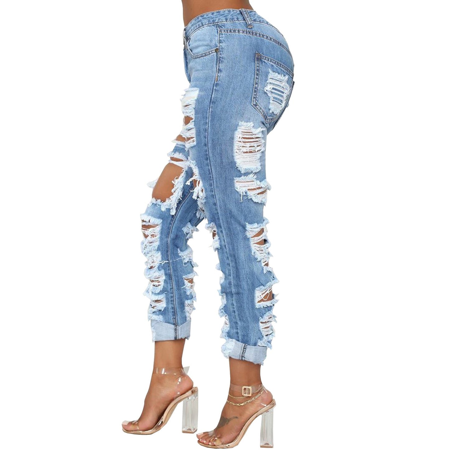 Personalized pierced beggar elastic jeans before and after fashion Blue Xl