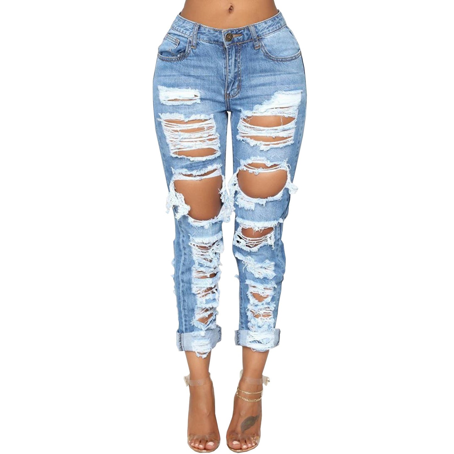 Personalized pierced beggar elastic jeans before and after fashion Blue L
