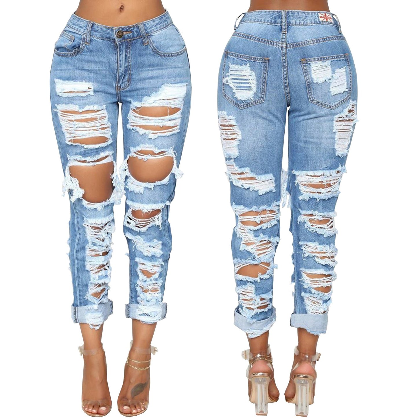 Personalized pierced beggar elastic jeans before and after fashion
