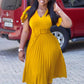 Pleated Dresses High Waist Short Sleeves A Line Modest African Office Ladies Work Wear Date Elegant Classy Robes Vestidos Yellow