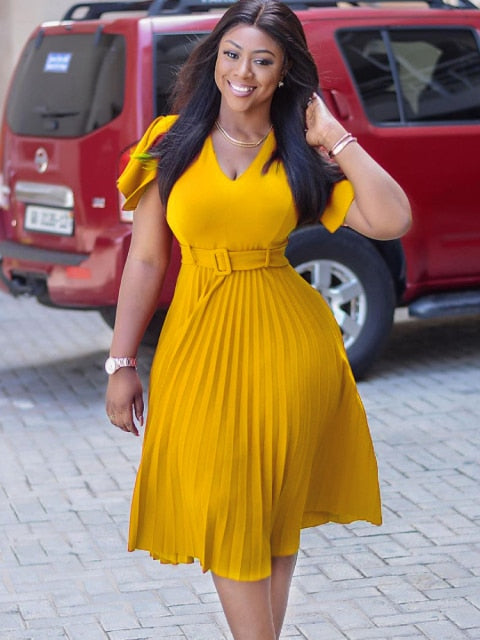 Pleated High Waist Short Sleeves A Line Modest African Office Dress Yellow