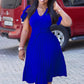 Pleated High Waist Short Sleeves A Line Modest African Office Dress Blue