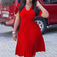 Pleated High Waist Short Sleeves A Line Modest African Office Dress Red 1