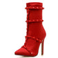 Mid Length Winter Elastic Cloth Rivet Pointed Straps Stiletto High Heels Red