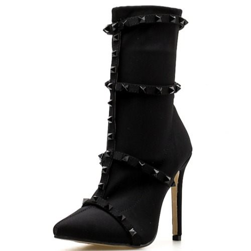 Plus Size Short Boots Winter New Elastic Cloth Rivet Pointed Toe All match Stiletto High Heels Black
