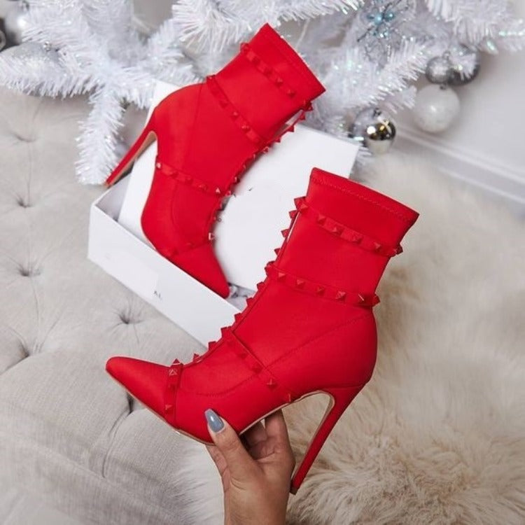 Plus Size Short Boots Winter New Elastic Cloth Rivet Pointed Toe All match Stiletto High Heels