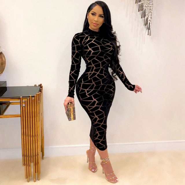 Bodycon Midi Party Long Sleeve Sheath Slim Transparent Sheer Mesh Dress Bodycon Midi Party Long Sleeve Sheath Slim Transparent Sheer Mesh Dress