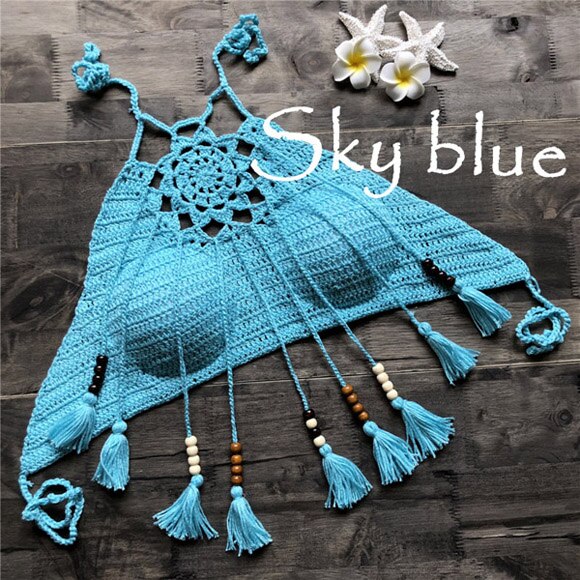 Push Up Tassel Crochet Dream Catcher Top Sky blue