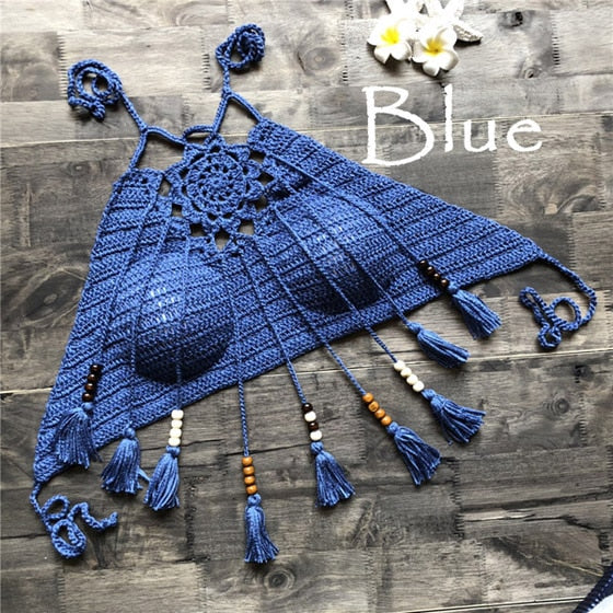Push Up Tassel Crochet Dream Catcher Top Blue