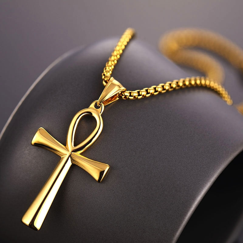 Religion Egyptian Ankh Crucifix Necklaces Pendants Stainless Steel Symbol of Life Unisex Cross Necklaces Jewelry Gifts style 2 gold 60cm