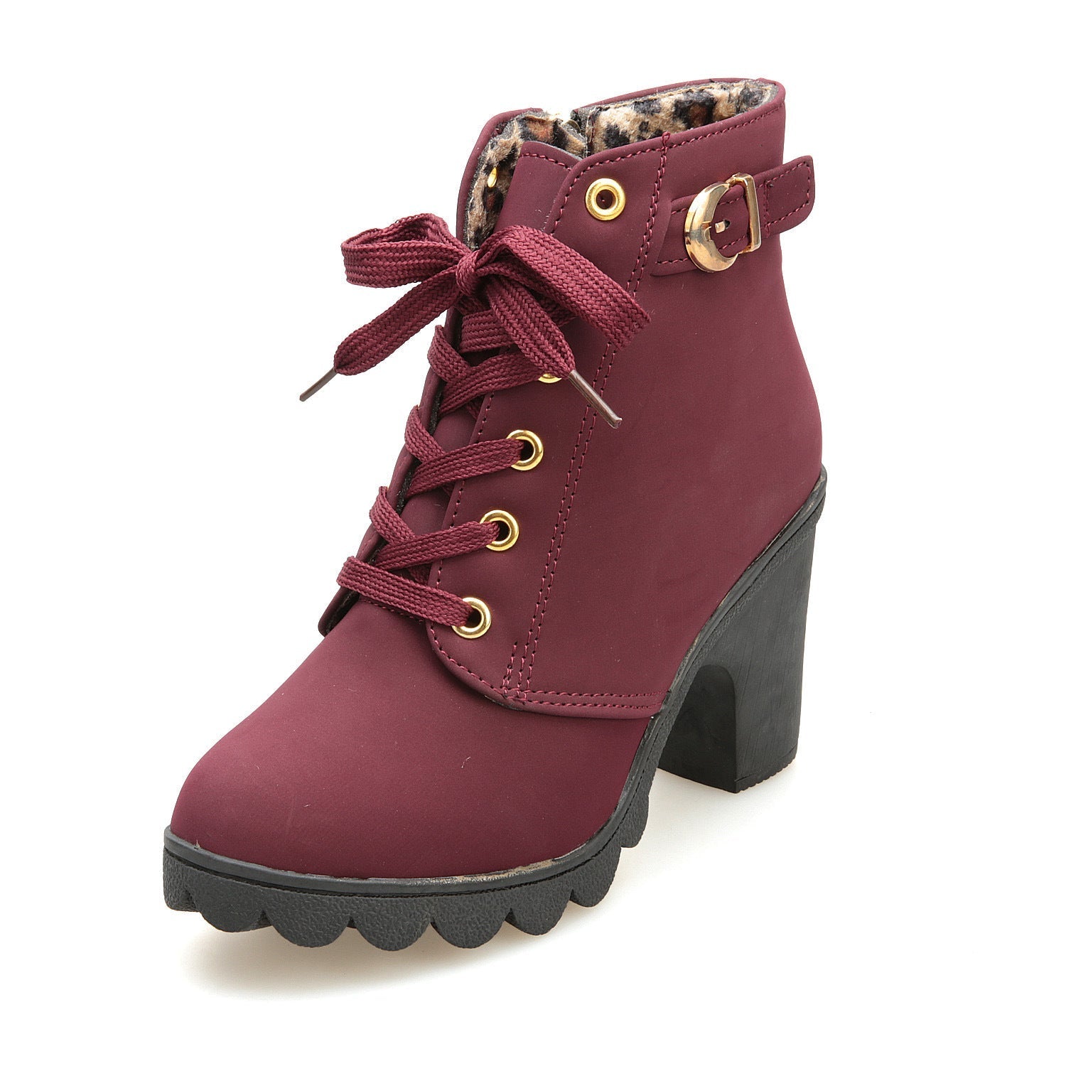 Retro Martin boots large size boots high heel thick with matte leather round head with bare boots Wine red