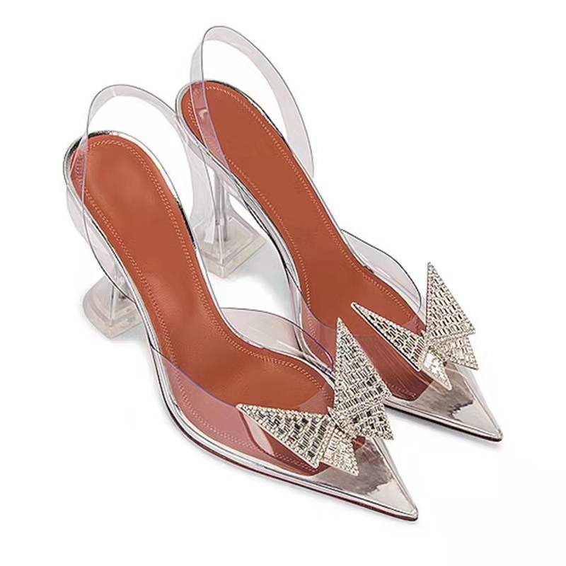 Rhinestone Bow New Transparent Baotou Stiletto Sandals Word Buckle Ladies Shoes Trendy Sandals And Slippers 7cm white 38