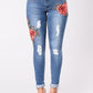 Rose Patch Distressed Stretched Jeans Blue Xl