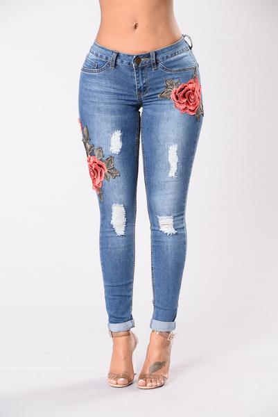 Rose Patch Distressed Stretched Jeans Blue Xl