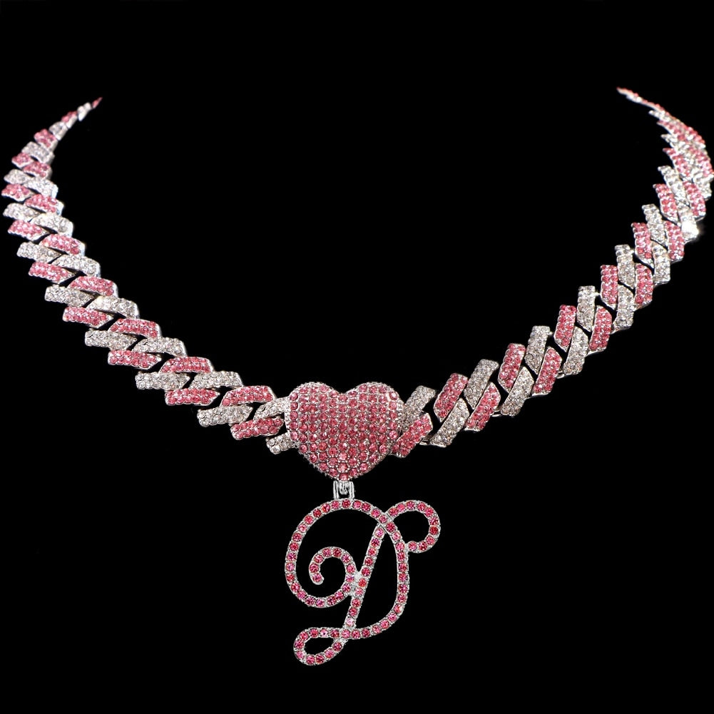 Hip Hop Bling Pink Crystal Cursive Initial Letter Cuban Necklace for Women Iced Out Paved Cuban Chain Necklace Choker Jewelry D