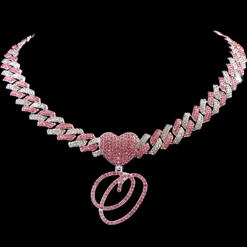 Hip Hop Bling Pink Crystal Cursive Initial Letter Cuban Necklace for Women Iced Out Paved Cuban Chain Necklace Choker Jewelry O
