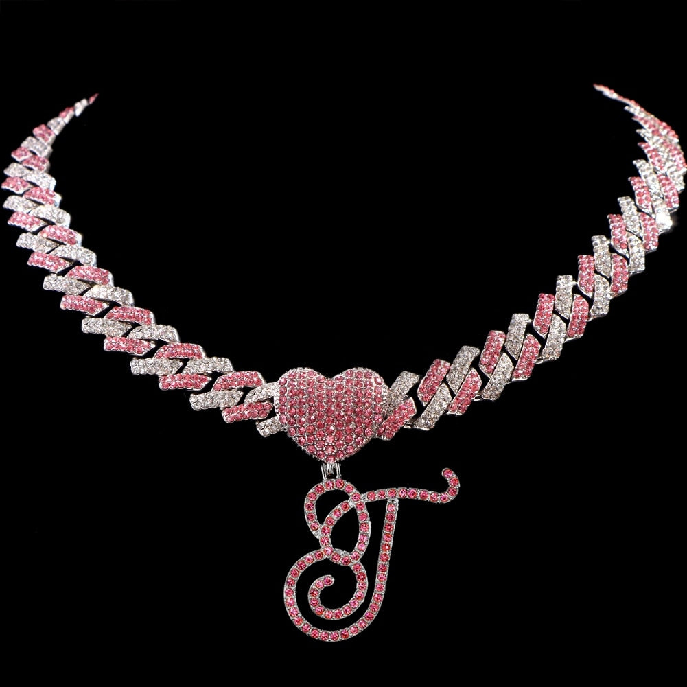 Hip Hop Bling Pink Crystal Cursive Initial Letter Cuban Necklace for Women Iced Out Paved Cuban Chain Necklace Choker Jewelry T