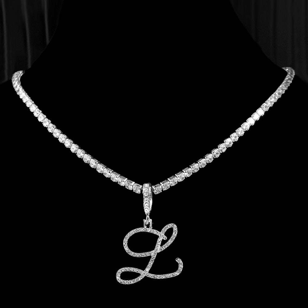 New Cursive Alphabet Pendant Necklace L 18inch Zircon chain