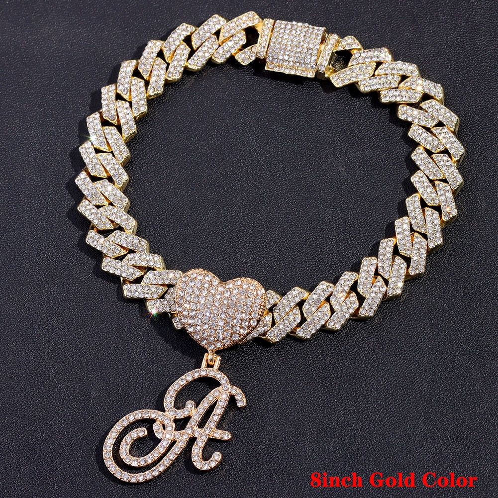 Trendy Pink Cursive Letter Cuban Chain Bracelet For Women AAA Prong Cuban Link Chain Crystal Initials Bracelets Hip Hop Jewelry