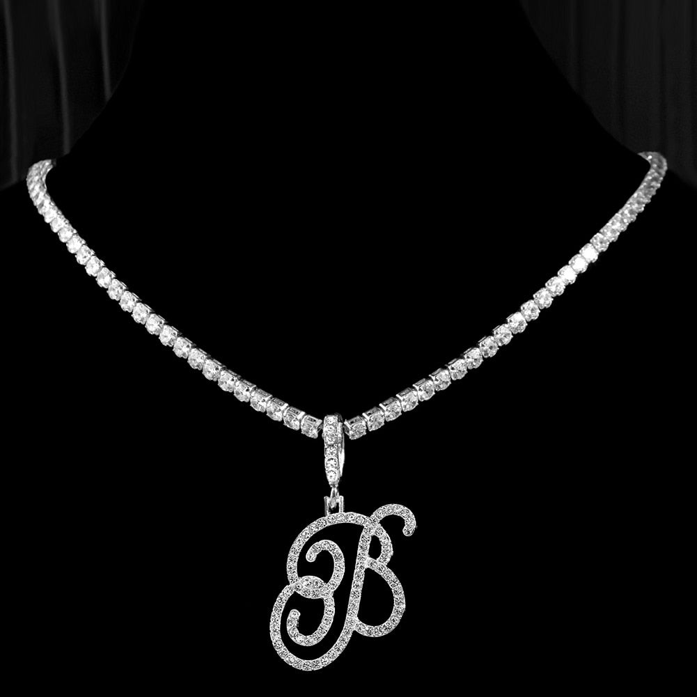 New Cursive Letters Cubic Zirconia Chain Intial Name Necklace Hip Hop Jewelry Gold Silver Color CZ 26 Alphabet Pendant Necklaces B 18inch Zircon chain