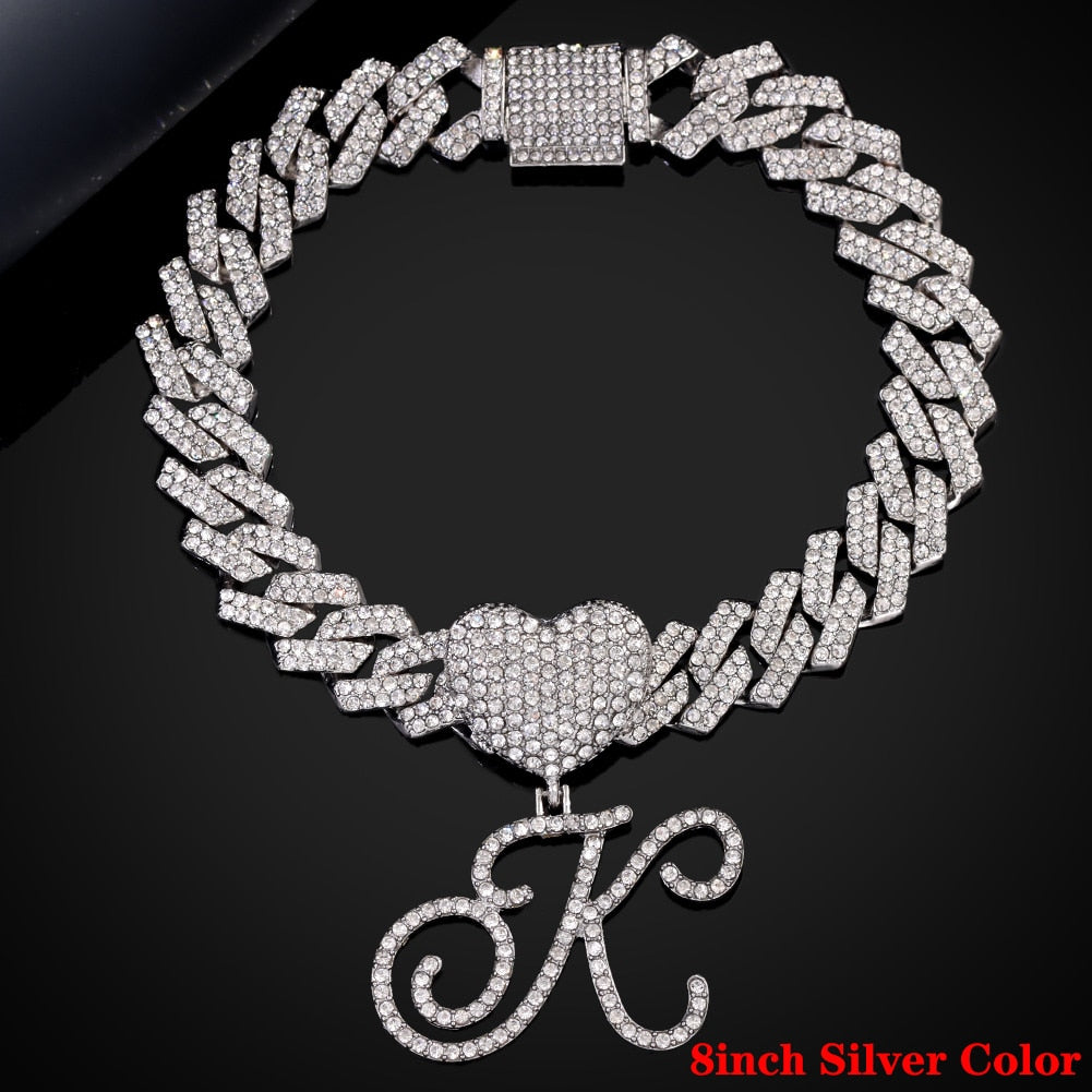 Trendy Pink Cursive Letter Cuban Chain Bracelet For Women AAA Prong Cuban Link Chain Crystal Initials Bracelets Hip Hop Jewelry