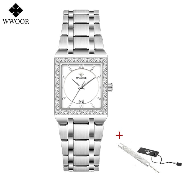 WWOOR Reloj New Fashion Ladies Diamond Watch Top Brand Luxury Square Wrist Watch Simple Women Dress Small Watch Relogio Feminino Silver white Yes