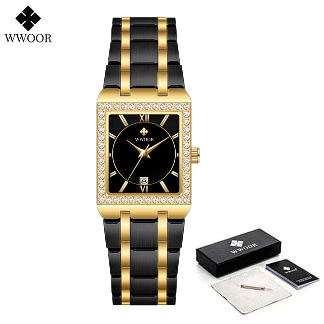 WWOOR Reloj New Fashion Ladies Diamond Watch Top Brand Luxury Square Wrist Watch Simple Women Dress Small Watch Relogio Feminino Gold black gold Yes-13