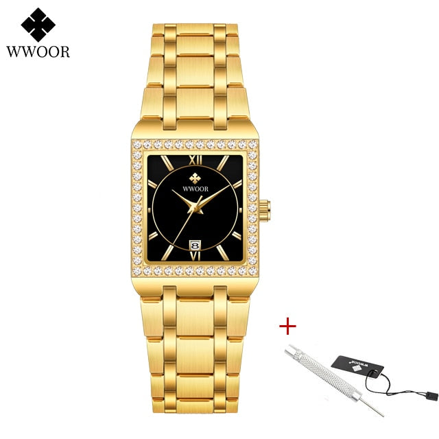 WWOOR Reloj New Fashion Ladies Diamond Watch Top Brand Luxury Square Wrist Watch Simple Women Dress Small Watch Relogio Feminino Gold black Yes