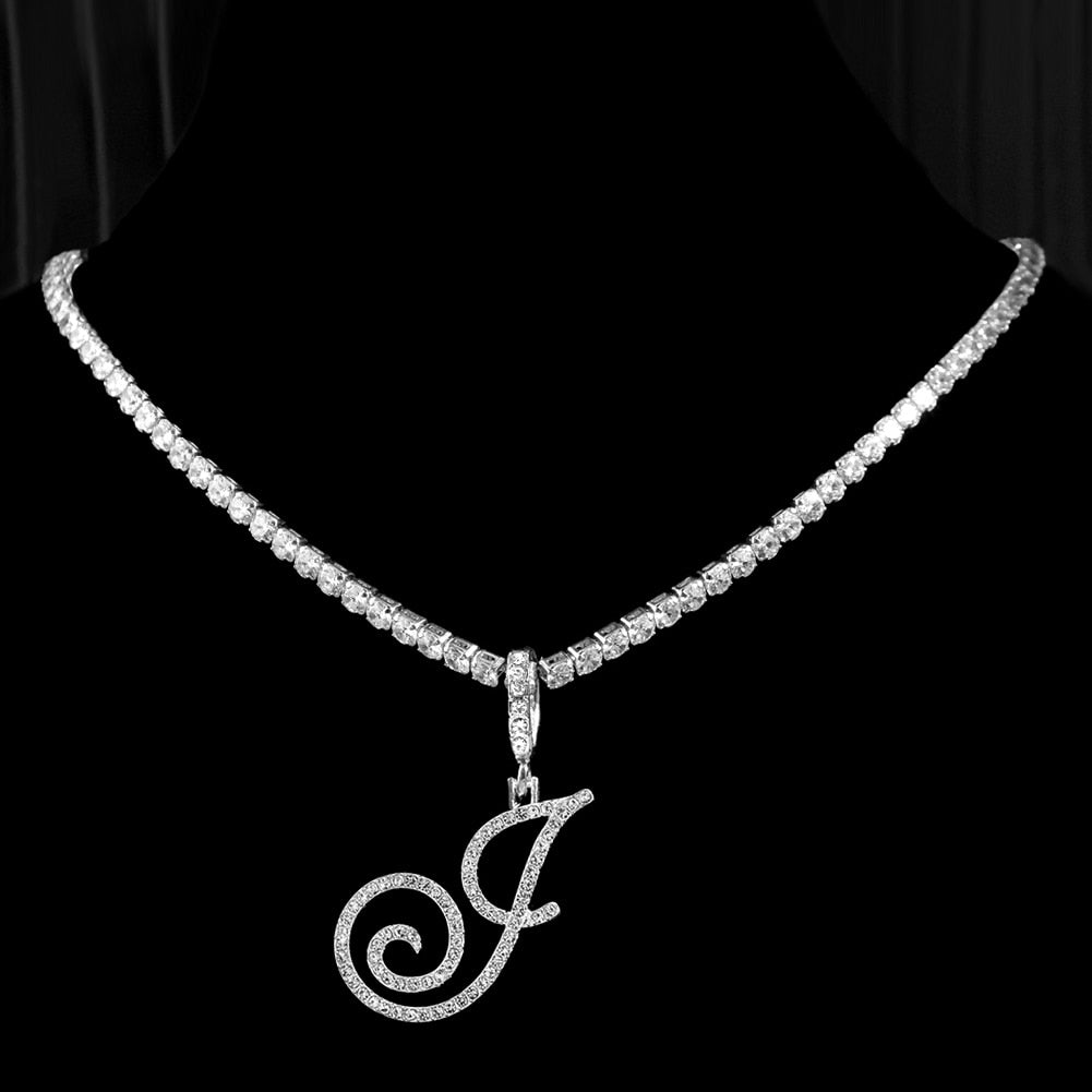 New Cursive Letters Cubic Zirconia Chain Intial Name Necklace Hip Hop Jewelry Gold Silver Color CZ 26 Alphabet Pendant Necklaces J 18inch Zircon chain